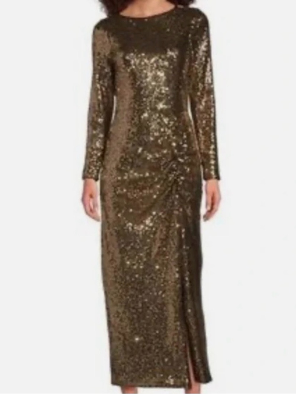NWT Alex Marie Long-Sleeve Sequin Maxi Dress in Gold